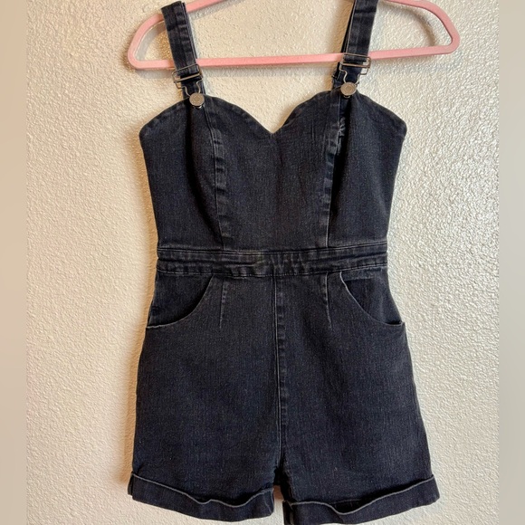 Collectif Pants - Collectif London Black Denim Overall Shorts, Sweetheart Neckline Pinup Playsuit
